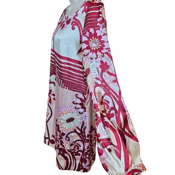 Hale Bob Ivory Satin Abstract Floral Print Boatneck, Long Sleeve Shift Dress - Picture 9 of 9